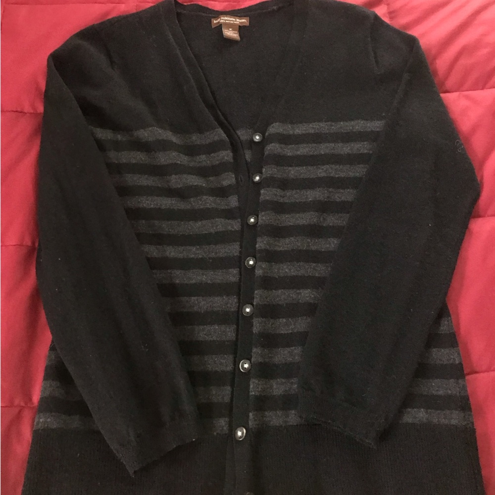 100% merino wool striped cardigan, black and gray, med
